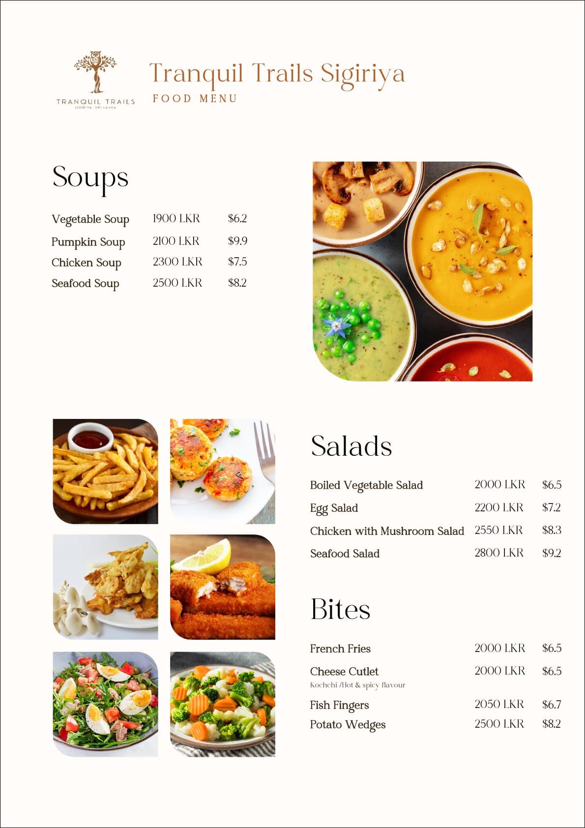 Tranquil Trails Sigiriya food menu page 1