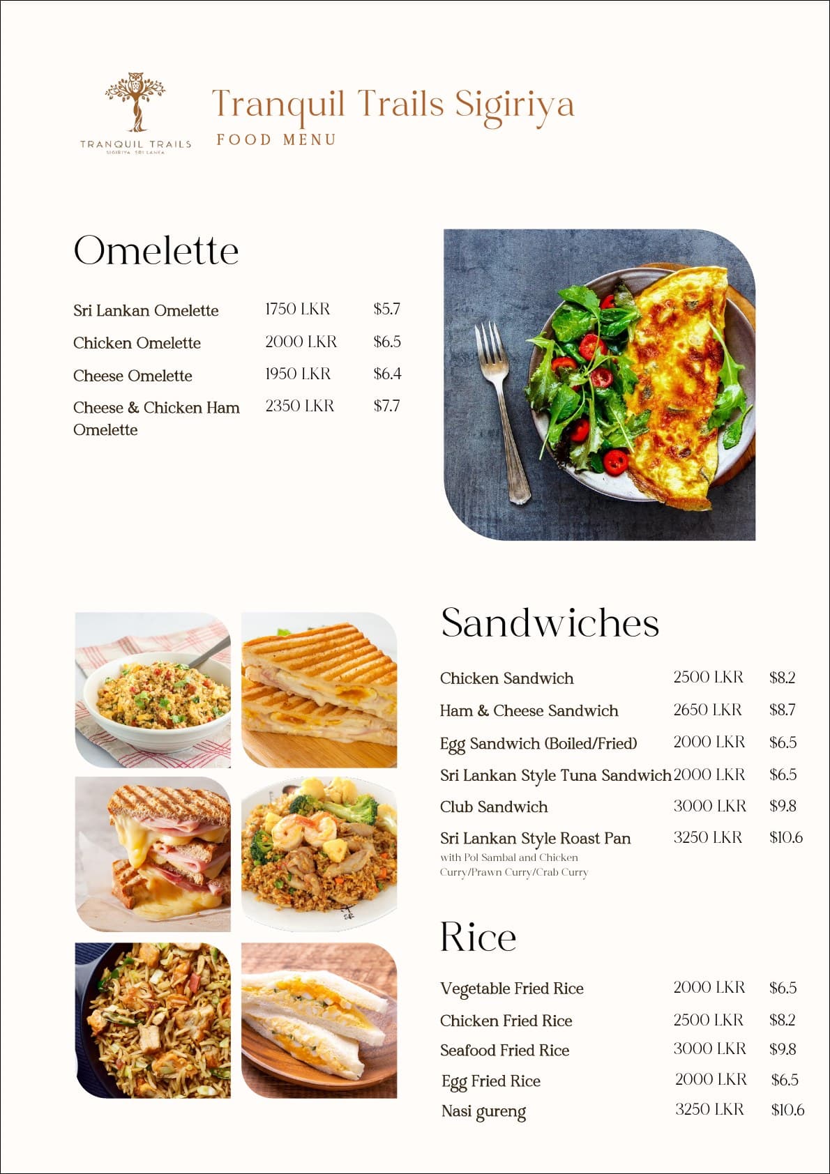 Tranquil Trails Sigiriya food menu page 2