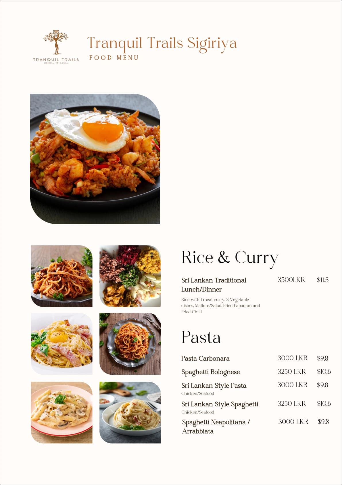 Tranquil Trails Sigiriya food menu page 3