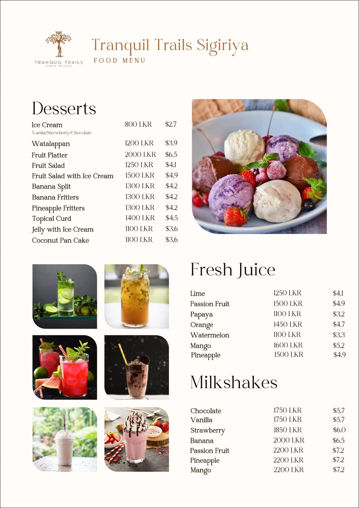 Tranquil Trails Sigiriya food menu page 6